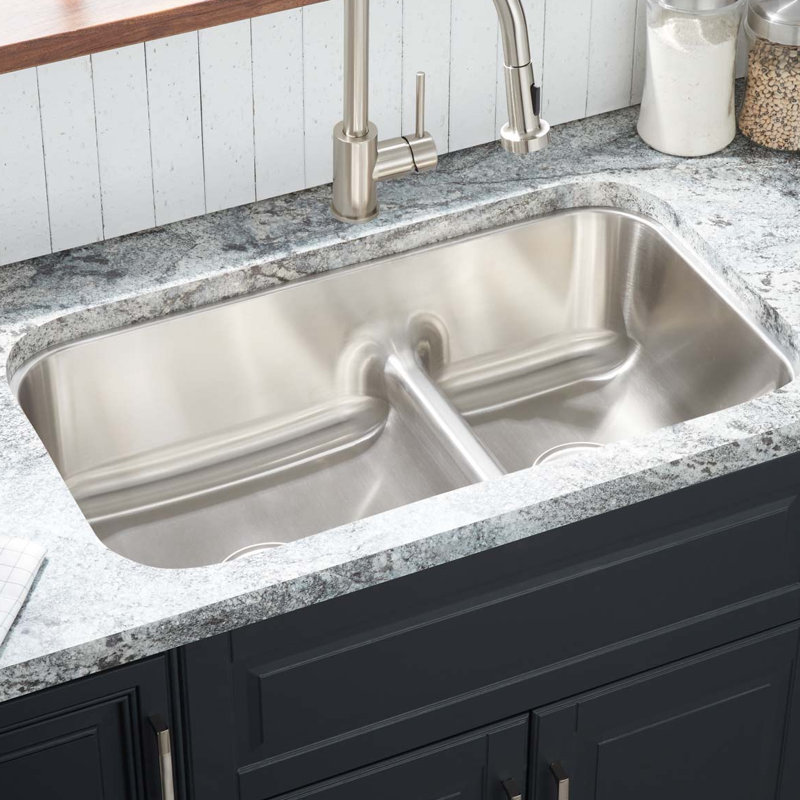 Signature Hardware 32" Calverton 60/40 Low Divide Double Bowl Stainless